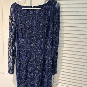 ADRIANNA PAPELL   Long Sleeve Beaded Cocktail Dress In Light Navy, size10